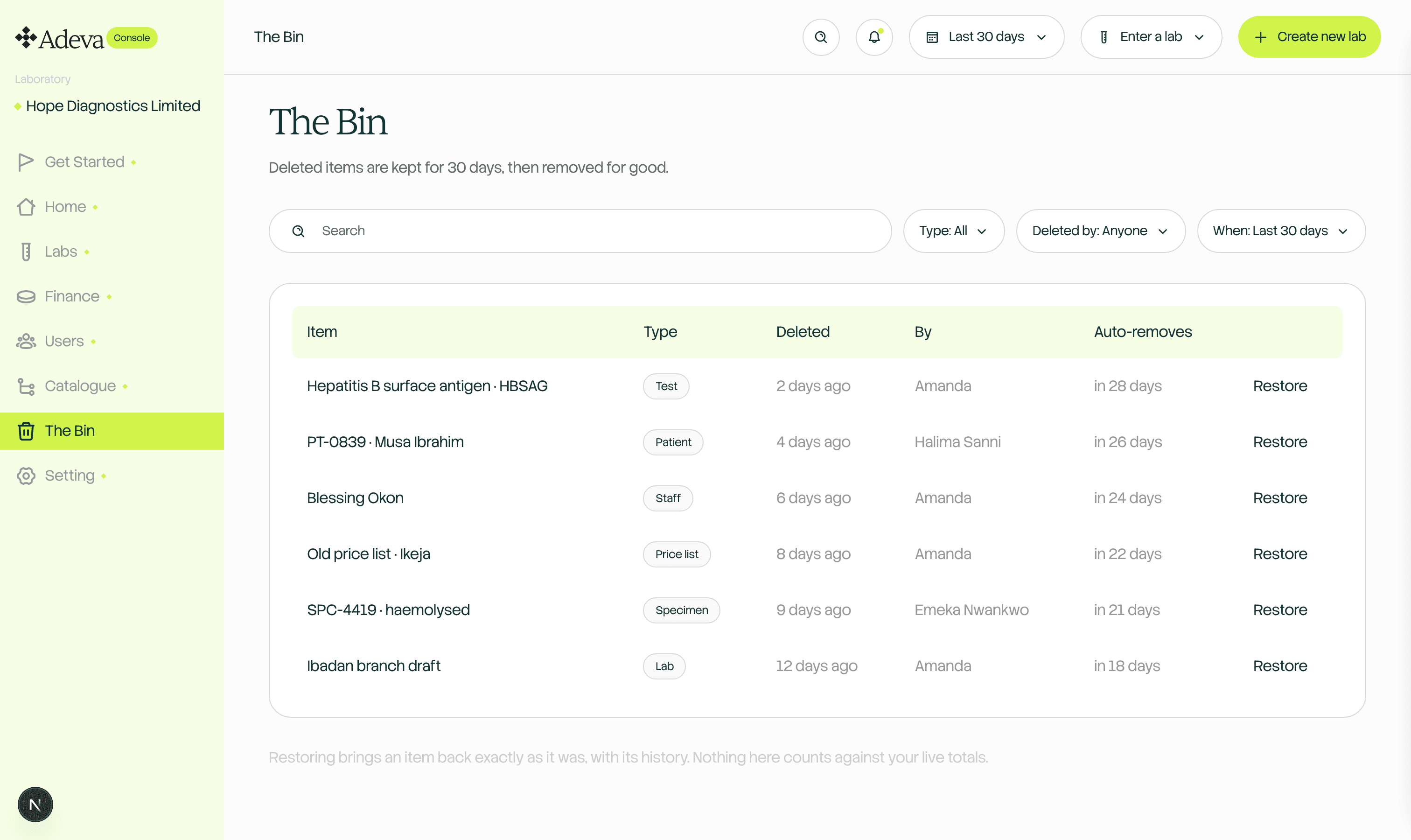 The Bin, where deleted items are kept for 30 days