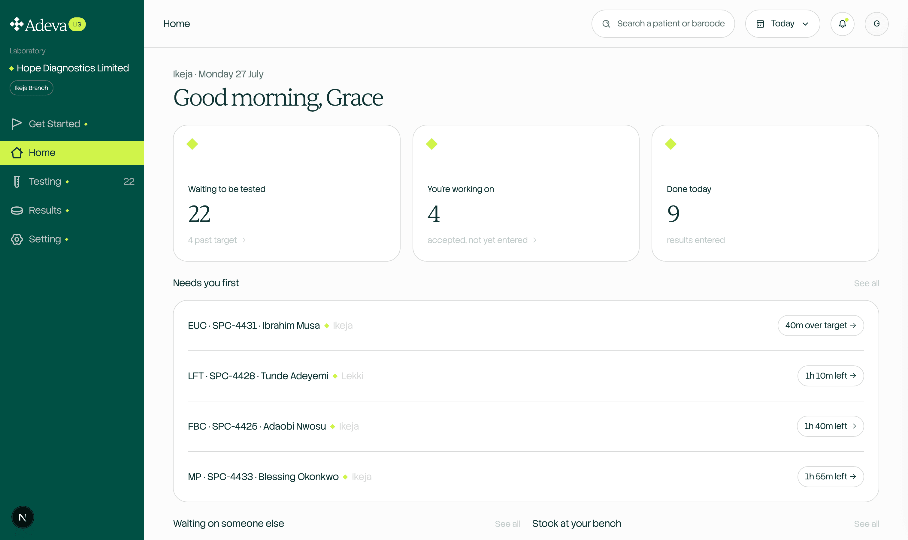 Adeva LIS staff dashboard
